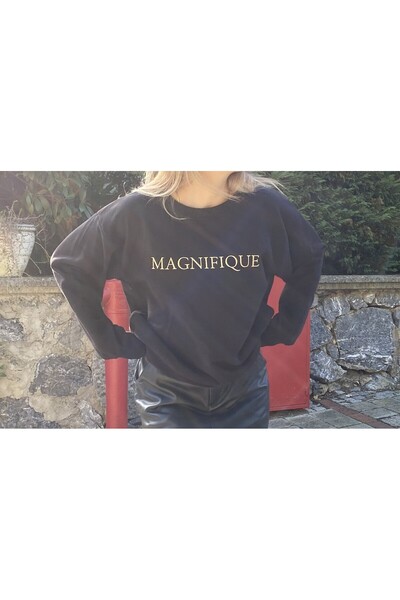 KYLEEN Siyah Renk Altın Rengi Nakışlı Oversize Sweatshirt