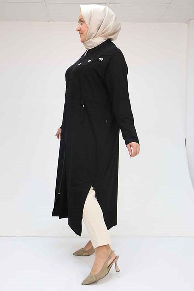 Eslina 53012 Large Size Beyoğlu Stone Detailed Zippered Combed Cotton Jacket - Black