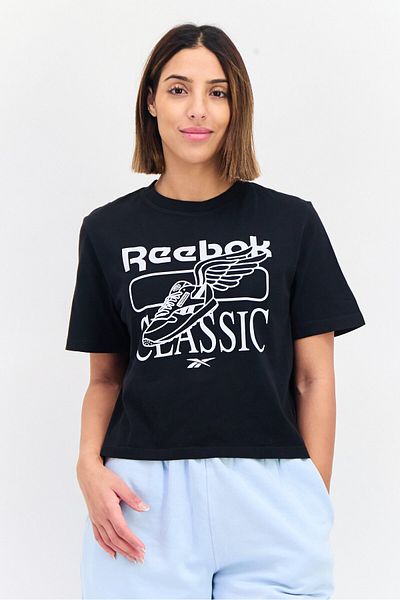 Reebok تي شيرت رياضي نسائي بأكمام قصيرة للجري، أسود