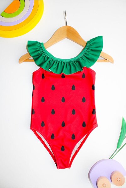 shop Girl's Ruffled Back Cross Strawberry Printed Red Green Children's Swimsuit