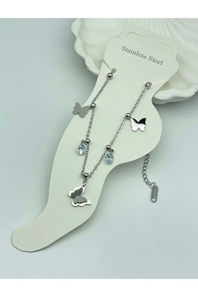 ilvesa shop Zircon Stone Butterfly Model Silver Color Steel Anklet