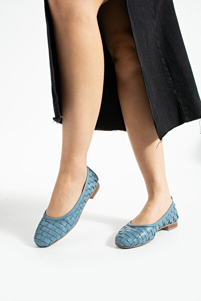 Getcho Talia Жіночі шкіряні сині балетки з плетеним візерунком, рівною підошвою, зручні, літні, стильні, легкі