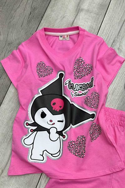 eQru Store Kuromi Printed Girl's Kuromi Masked T-Shirt and Shorts Pink Set