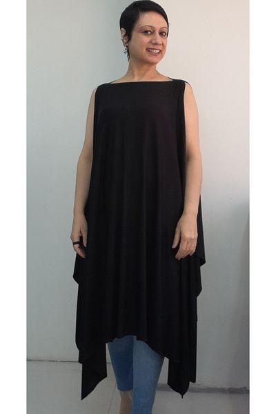 Mertcan Butik Black Cape Look Boat Neck Multi-Purpose Sleeveless Combed Viscose Loose Vest Tunic T-Shirt Dress