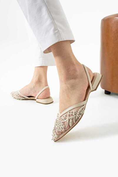 CICIKIZ Mesh Lace Embroidered Low Heel Jurdan Bottom Back Elastic Detail Pointed Toe Women's Shoes