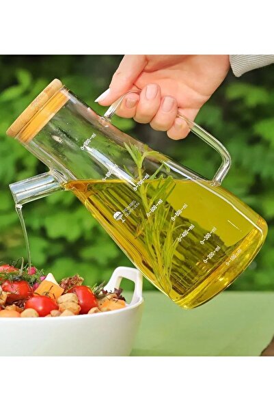 RENGARENK وعاء زيت زجاجي مزخرف بغطاء من الخيزران سعة 900 مل