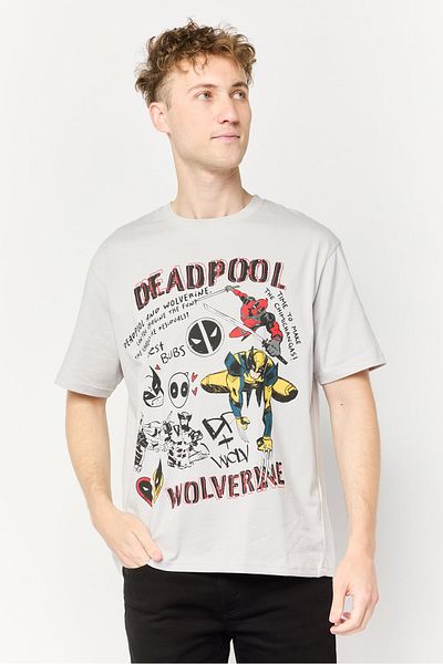 Marvel Men Deadpool And Wolverine Crew Neck Short Sleeves T-Shirt, Light Grey