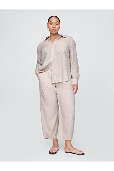 GAP Kadın Bej Mid Rise Keten Karışımlı Barrel Pantolon