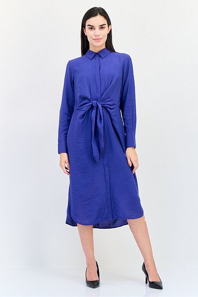 Bebe Women Plain Tie Waist Midi Dress, Blue