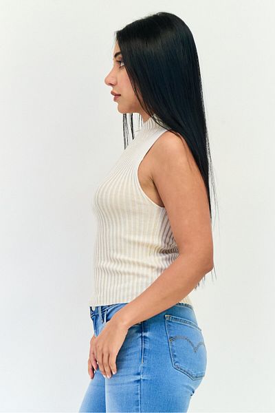 No Comment Women Mock Neck Sleeveless Ribbed Tank Top, Beige
