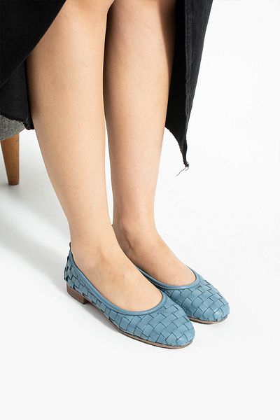 Getcho Talia Women's Genuine Leather Blue Ballerina Shoes Knitted Patterned Flat Sole Comfortable Summer Stylish Lightweight Model