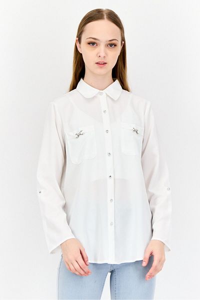 Notations Women Spread Collar Plain Long Sleeve Shirt, White