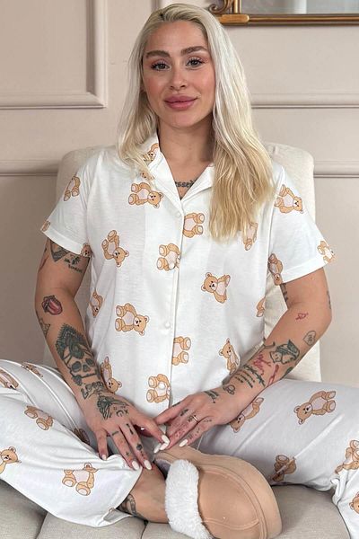 Pijamaevi Doux Bear Print Bamboo Front Button Short Sleeve Pajama Set