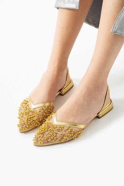 CICIKIZ Mesh Lace Embroidered Low Heel Jurdan Bottom Back Elastic Detail Pointed Toe Women's Shoes