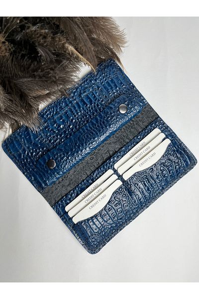 TROYDER Genuine Leather Long Phone Wallet Navy Blue Crocodile Pattern