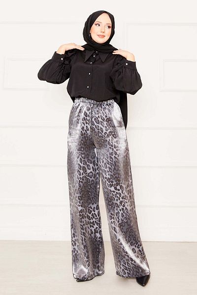 EBRUTESETTÜR Leopard Patterned Viscose Trousers with Elastic Waist