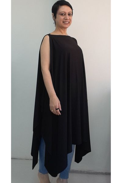 Mertcan Butik Black Cape Look Boat Neck Multi-Purpose Sleeveless Combed Viscose Loose Vest Tunic T-Shirt Dress