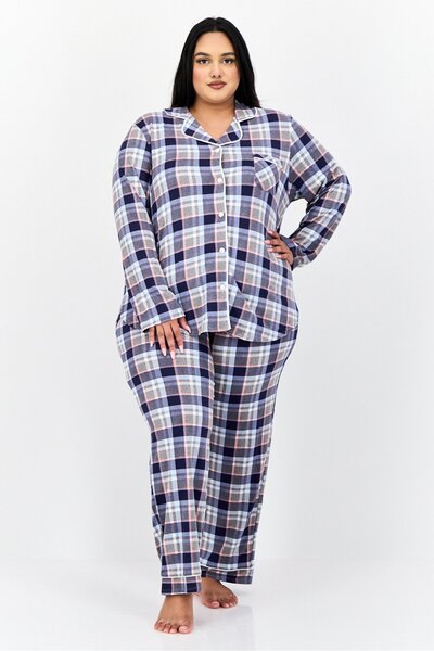 Ellen Tracy بيجامة نسائية من قطعتين، مقاس كبير، بلوزة وبنطلون منقوشان، متعدد ...