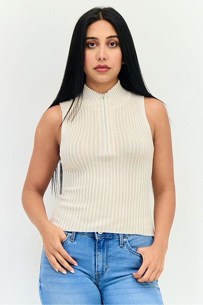 No Comment Women Mock Neck Sleeveless Ribbed Tank Top, Beige