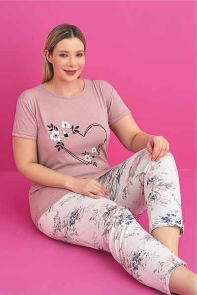 Farya Home X-Dreamy Plus Size Cotton Patterned Short Sleeve Pajamas Set