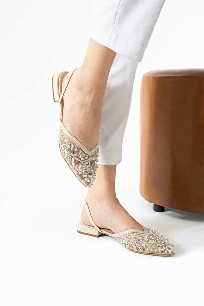 CICIKIZ Mesh Lace Embroidered Low Heel Jurdan Bottom Back Elastic Detail Pointed Toe Women's Shoes