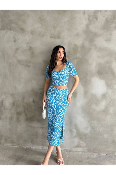 AL&SU BUTİK Women's Crop Slit Pencil Skirt Double Set