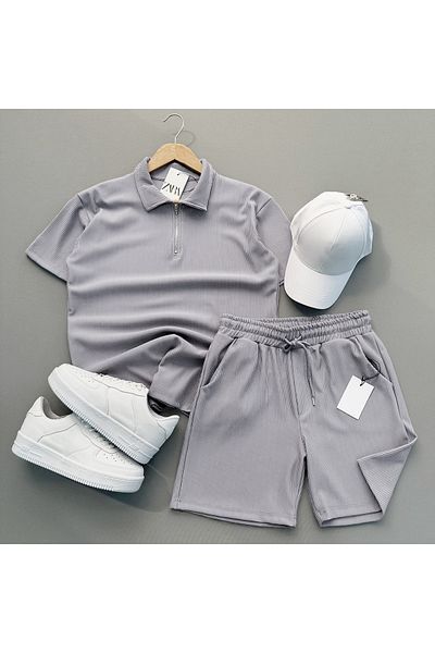 viperkombin Zippered Corduroy Polo T-Shirt and Shorts 2-Piece Combination