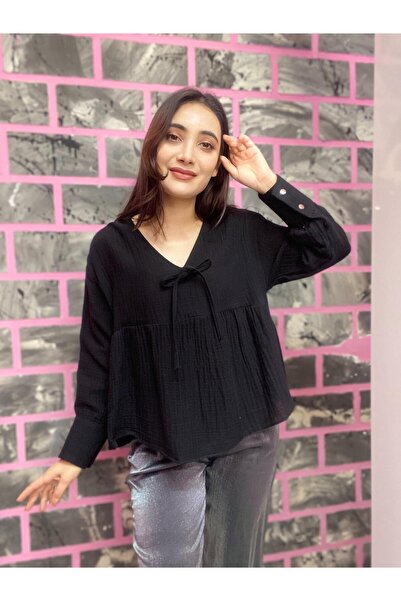 EGELİMODA Short Gathered V-Neck Muslin Shirt Blouse