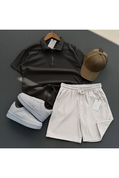 viperkombin Zippered Corduroy Polo T-Shirt and Shorts 2-Piece Combination