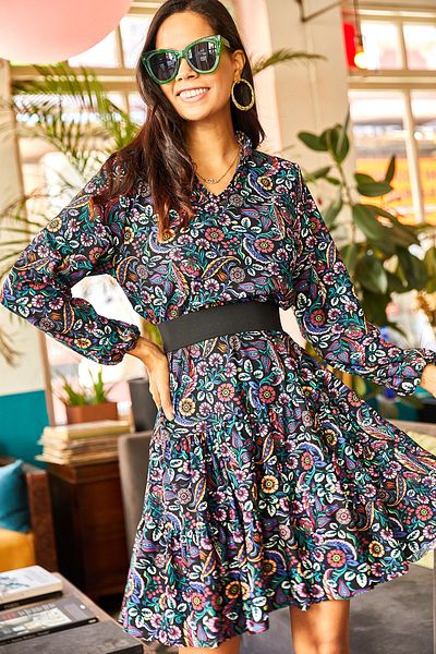 Olalook Women's Multicolored V-Neck Flounce Dress Elb- 19000989