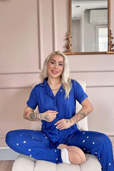 Pijamaevi Midnight Blue Nuit Stellaire Patterned Front Buttoned Marlenka Pajama Set