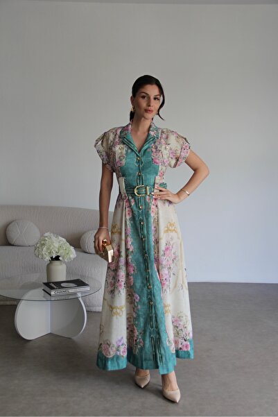 Julidress Vzorované plátěné šaty Boydan Gold Buttoned BELTED Midi Length Premium Design