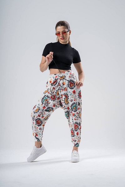 SUPERBLUE Unisex Figured Patterned Summer Wrapped Elastic Leg Baggy Trousers