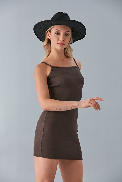 Cosy&Chic Kadın Koyu Kahverengi Ip Askılı Mini Kaşkorse Elbise