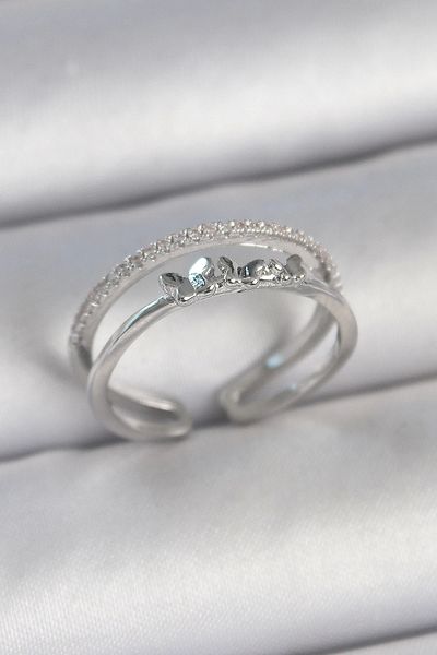 Clariss Brass Silver Color 2 Piece Zircon Stone Detailed Butterfly Figure Adjustable Model Women's Ring