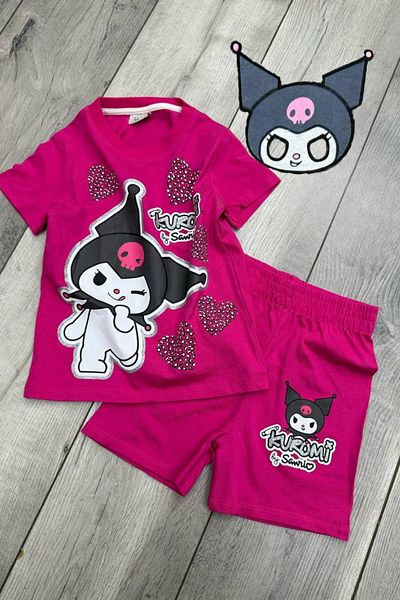 eQru Store Kuromi Printed Girl's Kuromi Masked T-Shirt and Shorts Fuchsia Set