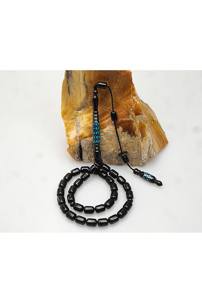 Skygo Oltu Stone Carved Imame and Blue Enamel Embroidered Plain Rosary