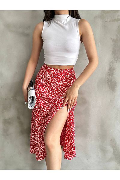 REELMODA Women's Red Patterned Slit Stretchy Stylish Summer Skirt