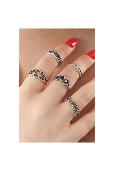 Marsilyan Silver Color Lotus Model Black Crystal Stone Detail Ring Combination - Tj-byk2740