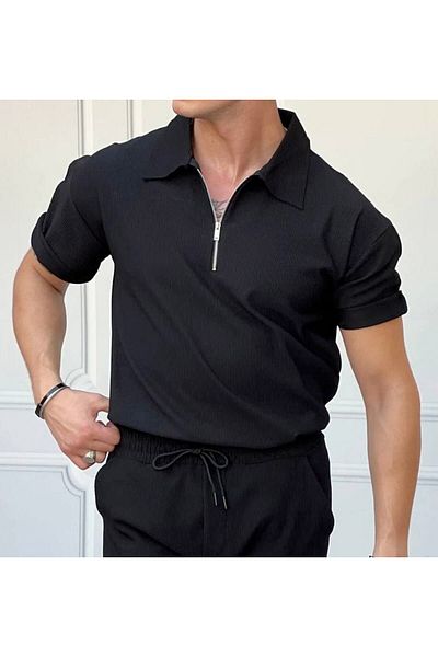 viperkombin Zippered Corduroy Polo T-Shirt and Shorts 2-Piece Combination