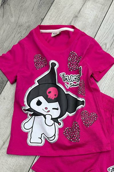 eQru Store Kuromi Printed Girl's Kuromi Masked T-Shirt and Shorts Fuchsia Set