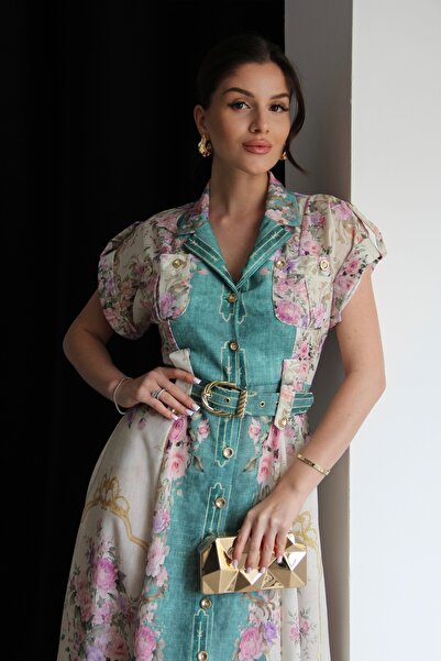 Julidress Vzorované plátěné šaty Boydan Gold Buttoned BELTED Midi Length Premium Design