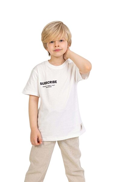 wakawakakidsstore Set Tricou Băiat Alb Imprimat și Pantaloni Bej - Ecru