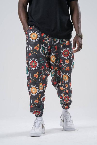 SUPERBLUE Unisex Figured Patterned Summer Wrapped Elastic Leg Baggy Trousers