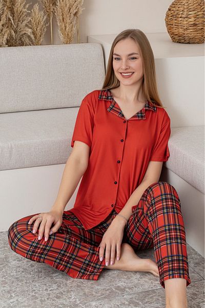 Farya Home Mother Daughter Combination Short Sleeve Plaid Shirt Pajama Set (Mother and Daughter Sold Separately)