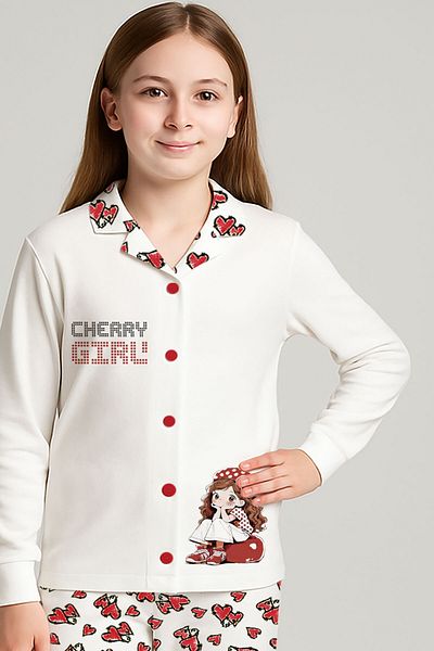 peki baby&kids Well Girl Child Interlock Cotton Heart Patterned Cherry Girl Printed Front Buttoned Pajamas Set 18933