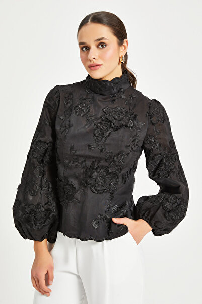 SERPİL Women S Lace Applique Balloon Sleeve Blouse – High Neckline with Sheer Detail