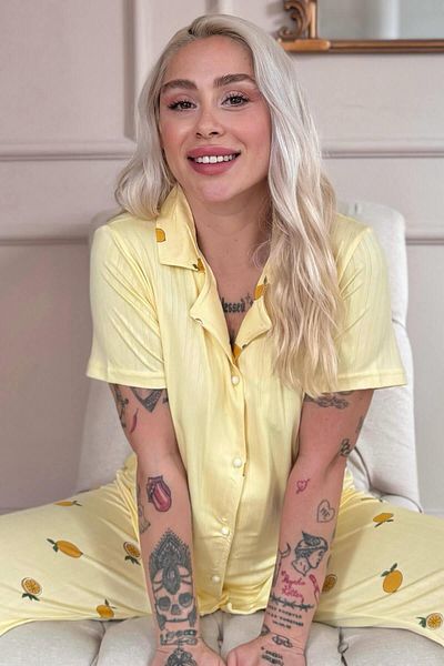 Pijamaevi Yellow Citrus Charm Patterned Front Buttoned Marlenka Pajama Set