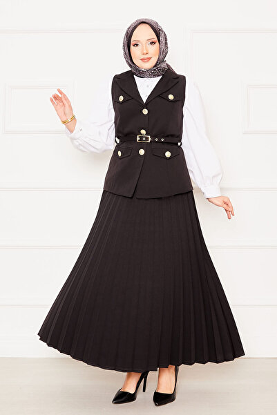 EBRUTESETTÜR Eteği Piliseli Kemerli Yelekli İkili Takım Siyah