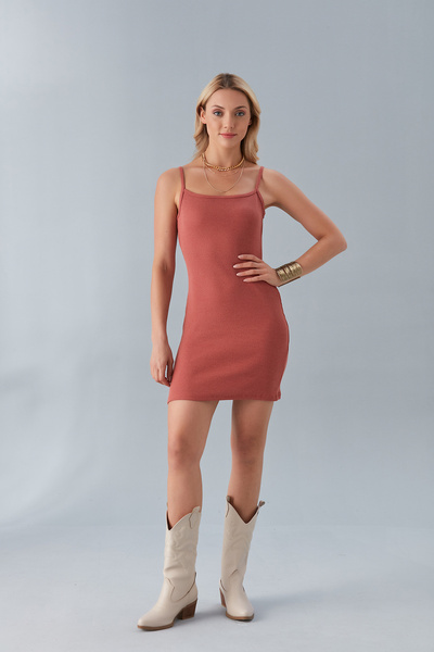 Cosy&Chic Kadın Kiremit İp Askılı Mini Kaşkorse Elbise